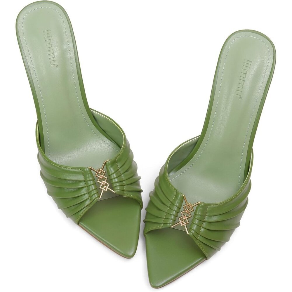 Women's Green Mules High Heels with Pointed Peep Toe Heeled Sandals Faux Leather
